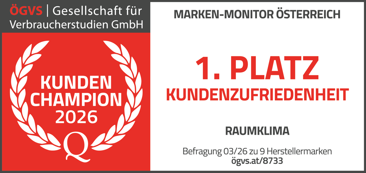 Siegel für den Kunden-Champion 2026. 1. Platz Kundenzufriedenheit für Raumklima-Produkte.
