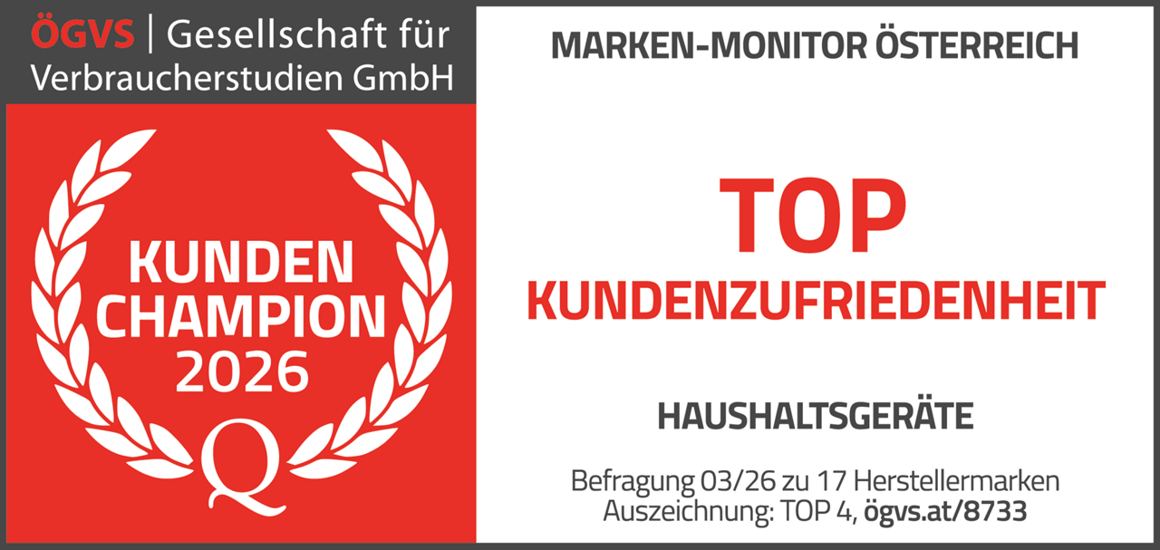 Siegel für den Kunden-Champion 2026. Top Kundenzufriedenheit für Haushaltsgeräte.